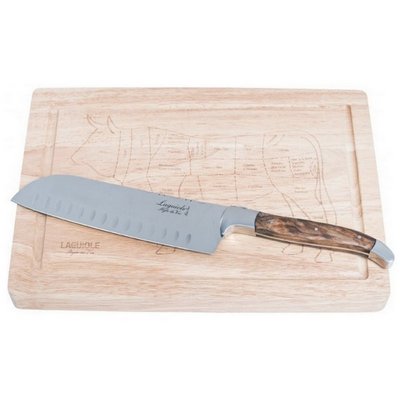 Laguiole Luxury nůž Santoku, rukojeť z olivového dřeva + prkénko